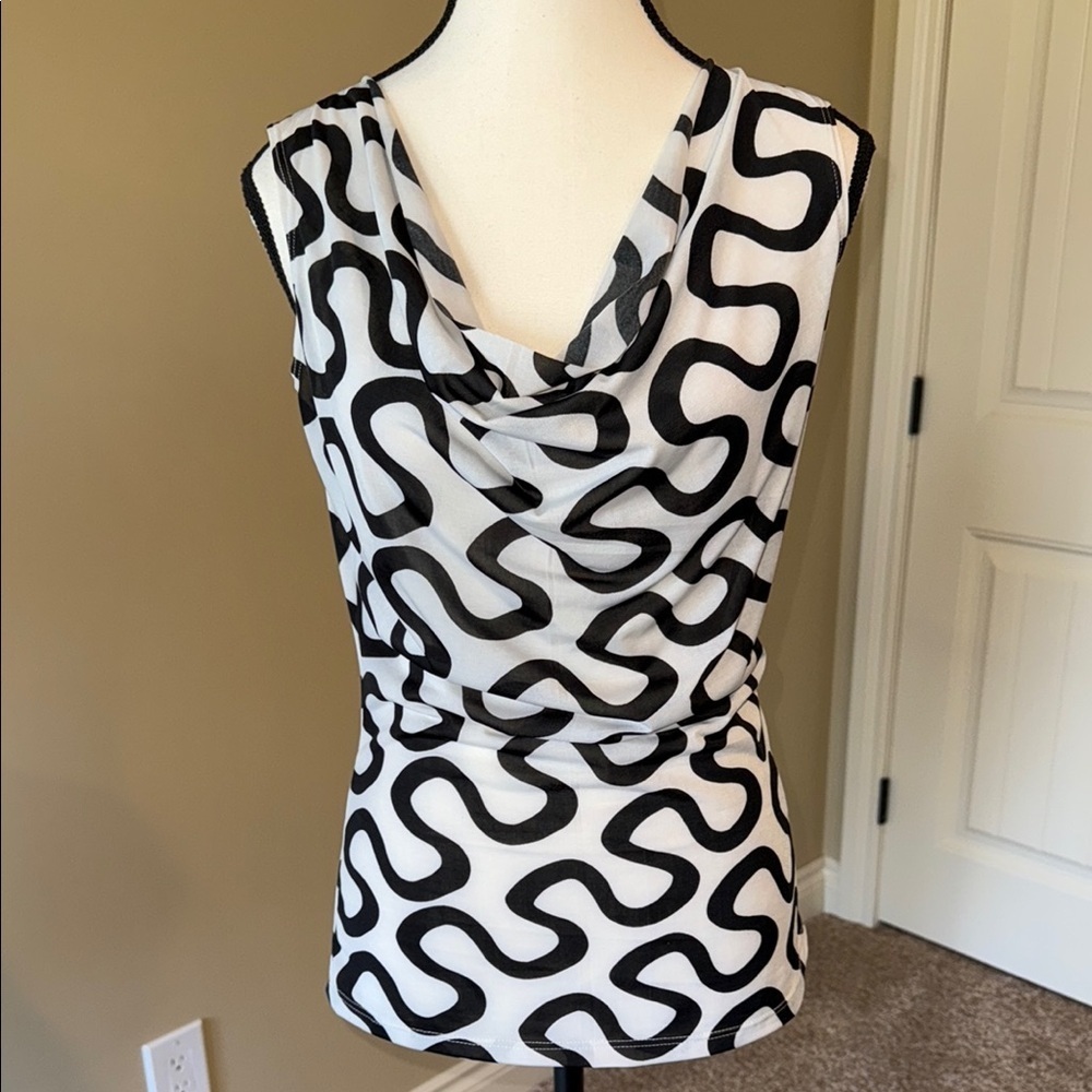 INC International Concepts Blouse Cowl Neck Black White Sleeveless Shirt Top SzM